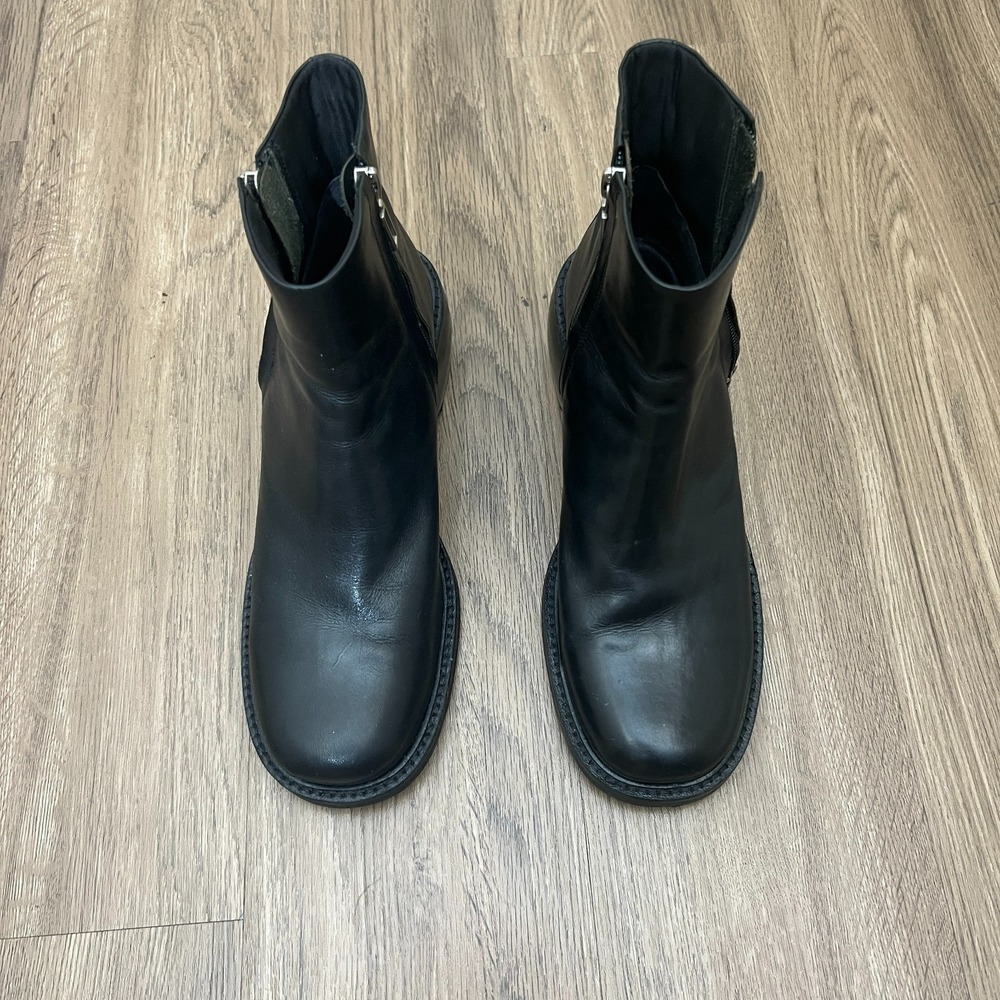 Black Leather Ankle Boots Side Zip Block Heel Moto Biker Boots Women's 9.5
